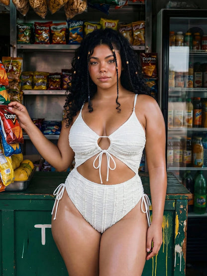Swim Vcay 2026 New Plus Size Women White Textured Hollow Out Lace-Up One-Piece Swimsuit,Elegant Ladies Beach Swimwear,Summer Holiday Outfit,Party Dress,Vacation