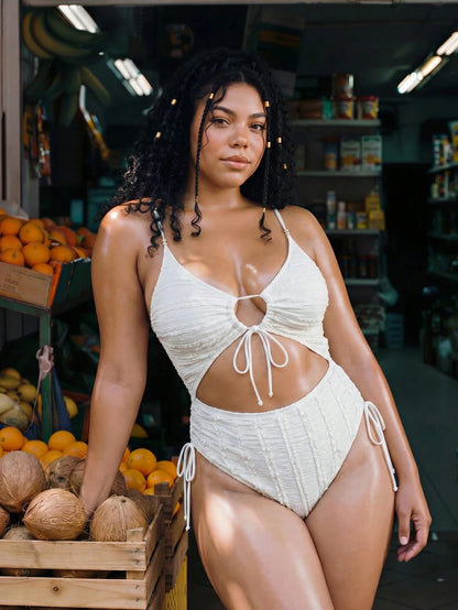 Swim Vcay 2026 New Plus Size Women White Textured Hollow Out Lace-Up One-Piece Swimsuit,Elegant Ladies Beach Swimwear,Summer Holiday Outfit,Party Dress,Vacation