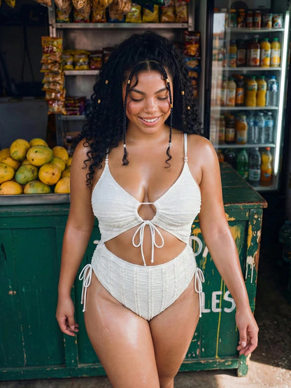 Swim Vcay 2026 New Plus Size Women White Textured Hollow Out Lace-Up One-Piece Swimsuit,Elegant Ladies Beach Swimwear,Summer Holiday Outfit,Party Dress,Vacation