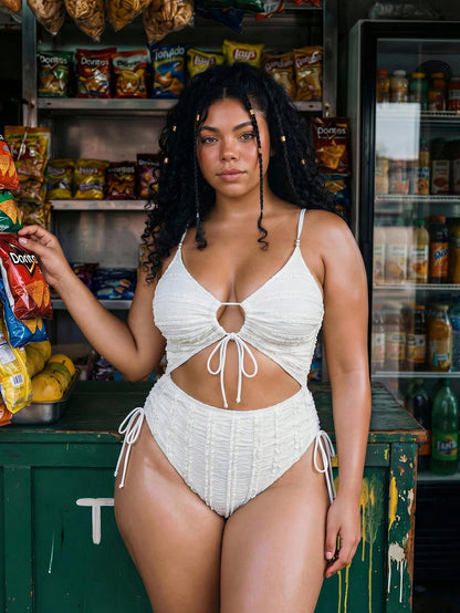 Swim Vcay 2026 New Plus Size Women White Textured Hollow Out Lace-Up One-Piece Swimsuit,Elegant Ladies Beach Swimwear,Summer Holiday Outfit,Party Dress,Vacation
