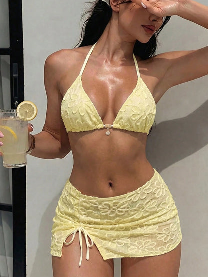 Swim Vcay 3pcs Knitted Jacquard Spaghetti Strap Tie-Up Metal Pendant Bikini Set, Women Casual Sleeveless Multicolor Spaghetti Strap Bikini, Cropped Bikini, Fashionable Strap Textured Bikini 3-Piece Se