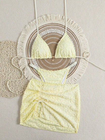 Swim Vcay 3pcs Knitted Jacquard Spaghetti Strap Tie-Up Metal Pendant Bikini Set, Women Casual Sleeveless Multicolor Spaghetti Strap Bikini, Cropped Bikini, Fashionable Strap Textured Bikini 3-Piece Se