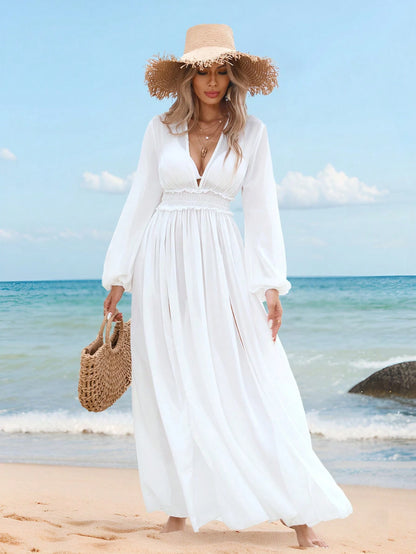 Swim Vcay Beach Dresses For Women Women's V-Neck Long Sleeve High Waist Slit Beach Cover-Up Dress, Summer