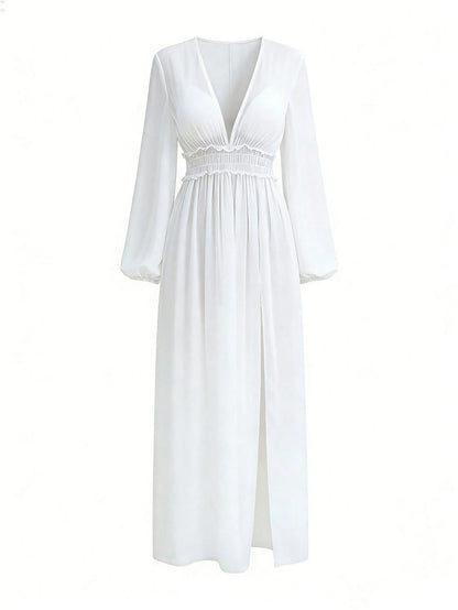 Swim Vcay Beach Dresses For Women Women's V-Neck Long Sleeve High Waist Slit Beach Cover-Up Dress, Summer