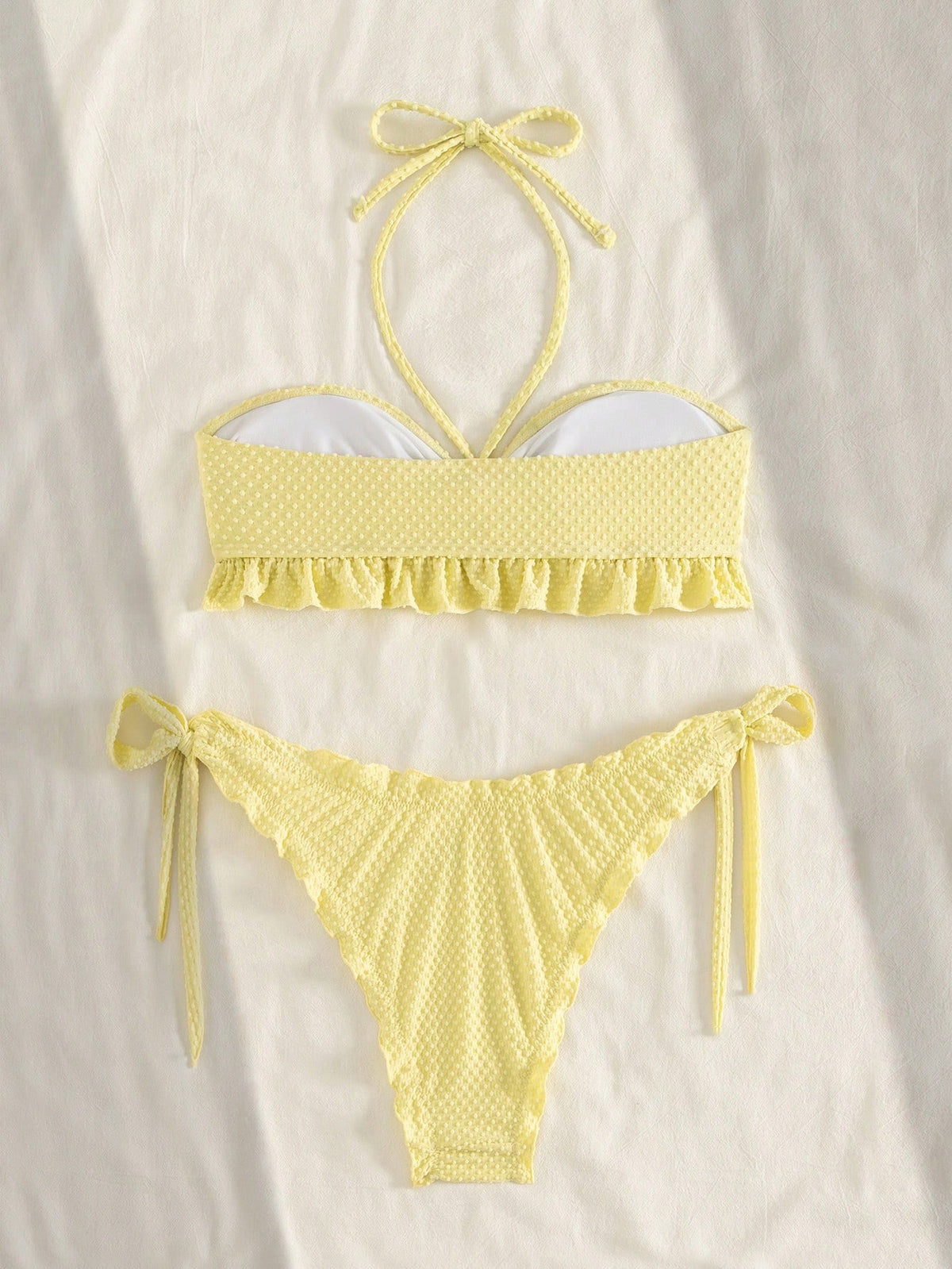Swim Vcay Bonvoyette-D Cute Summer Yellow Beach Holiday 2-Piece Set,Bubble Textured Knit Strapless Tie Bow Ruffle Hem Cropped Top And High Cut Tie Waist Shorts