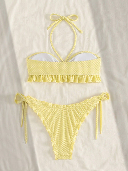 Swim Vcay Bonvoyette-D Cute Summer Yellow Beach Holiday 2-Piece Set,Bubble Textured Knit Strapless Tie Bow Ruffle Hem Cropped Top And High Cut Tie Waist Shorts