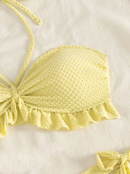 Swim Vcay Bonvoyette-D Cute Summer Yellow Beach Holiday 2-Piece Set,Bubble Textured Knit Strapless Tie Bow Ruffle Hem Cropped Top And High Cut Tie Waist Shorts