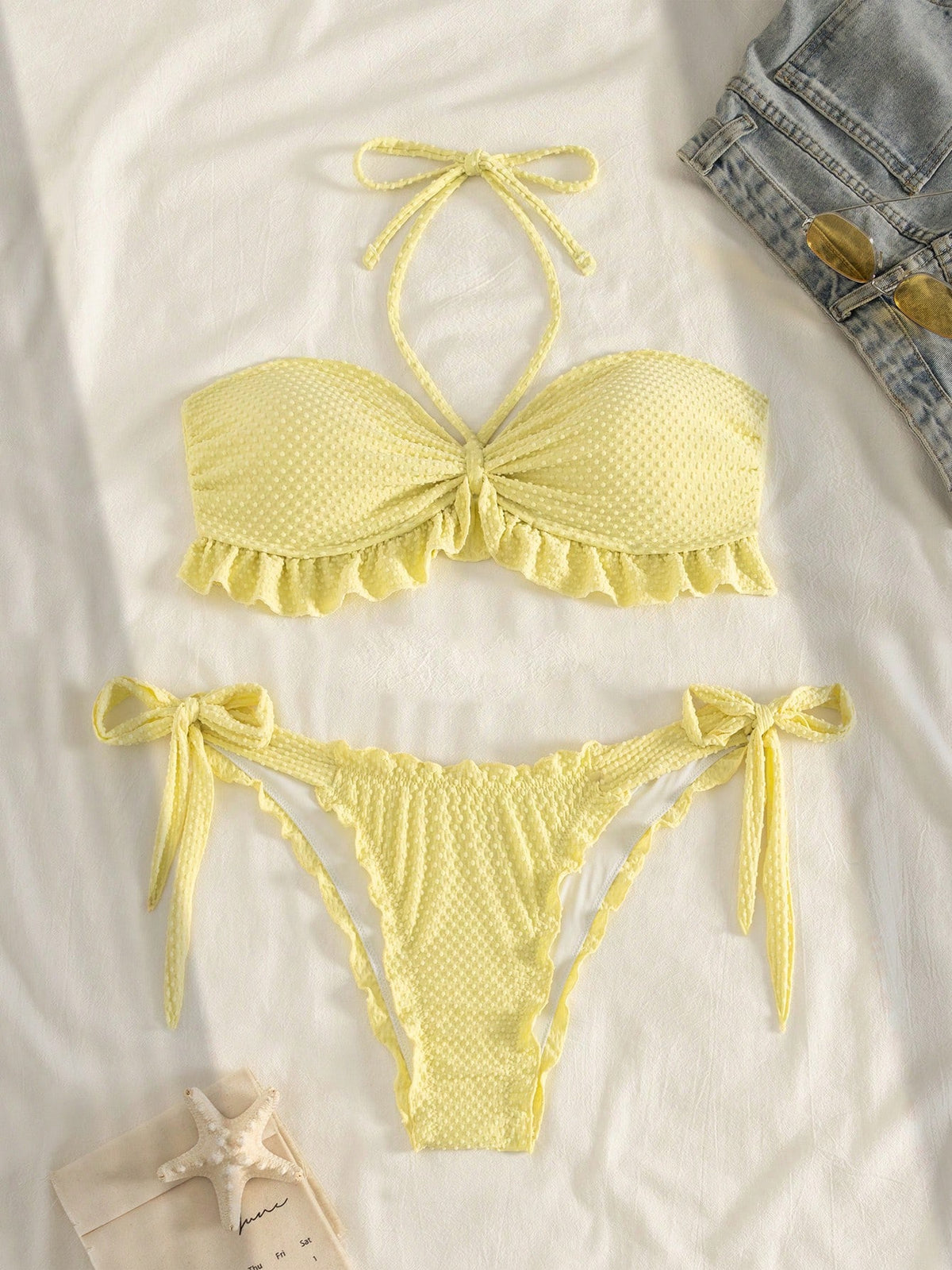 Swim Vcay Bonvoyette-D Cute Summer Yellow Beach Holiday 2-Piece Set,Bubble Textured Knit Strapless Tie Bow Ruffle Hem Cropped Top And High Cut Tie Waist Shorts