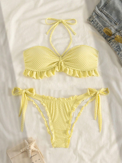 Swim Vcay Bonvoyette-D Cute Summer Yellow Beach Holiday 2-Piece Set,Bubble Textured Knit Strapless Tie Bow Ruffle Hem Cropped Top And High Cut Tie Waist Shorts