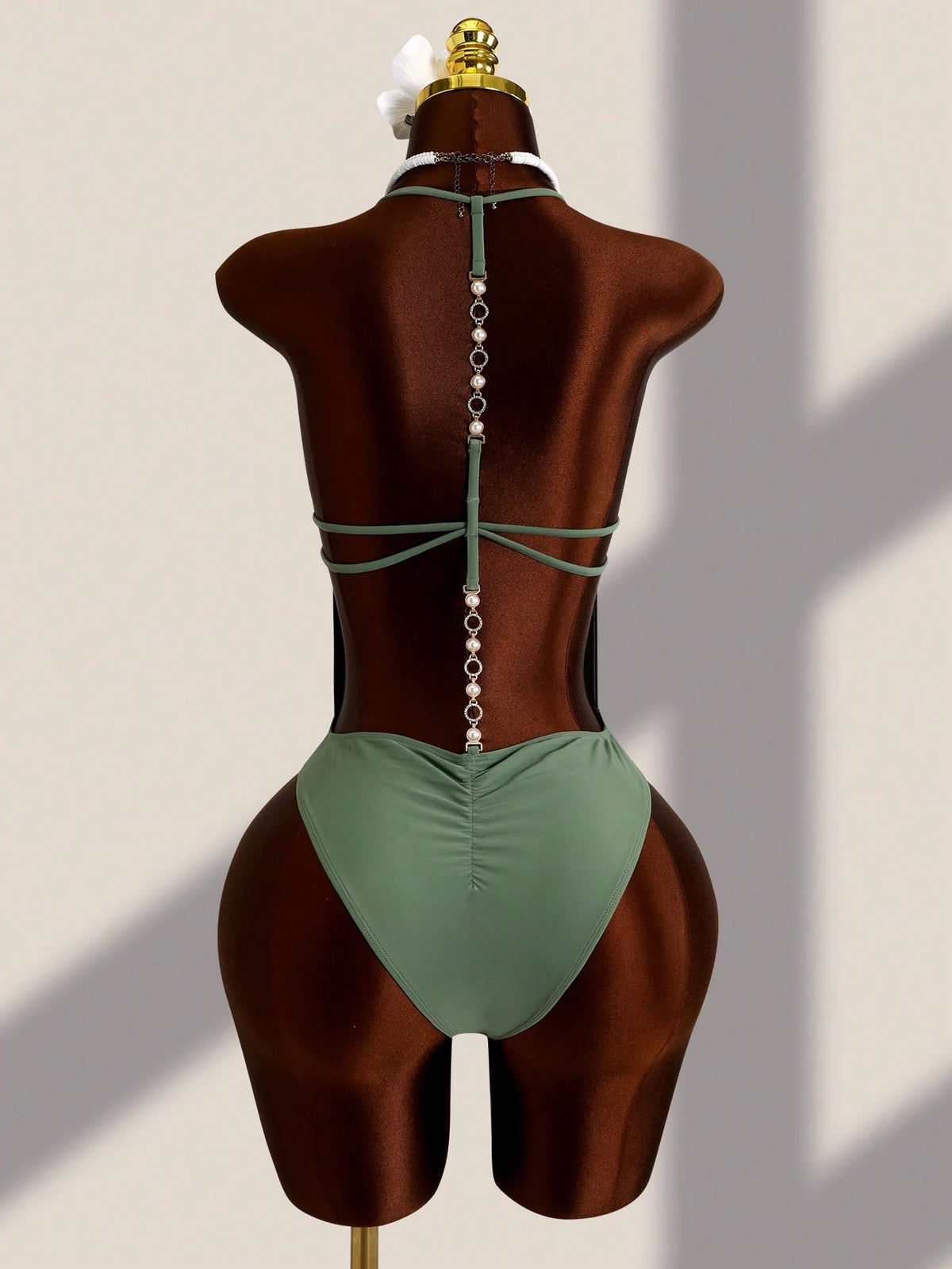 Swim Vcay New Women's Sexy Solid Color Metal Chain Strap Halter One-Piece Swimsuit, Suitable For Beach, Pool, Vacation