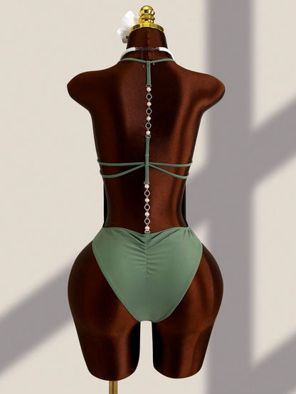 Swim Vcay New Women's Sexy Solid Color Metal Chain Strap Halter One-Piece Swimsuit, Suitable For Beach, Pool, Vacation