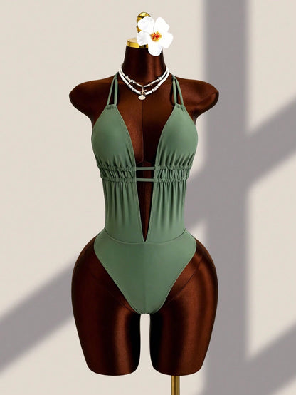 Swim Vcay New Women's Sexy Solid Color Metal Chain Strap Halter One-Piece Swimsuit, Suitable For Beach, Pool, Vacation