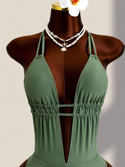 Swim Vcay New Women's Sexy Solid Color Metal Chain Strap Halter One-Piece Swimsuit, Suitable For Beach, Pool, Vacation