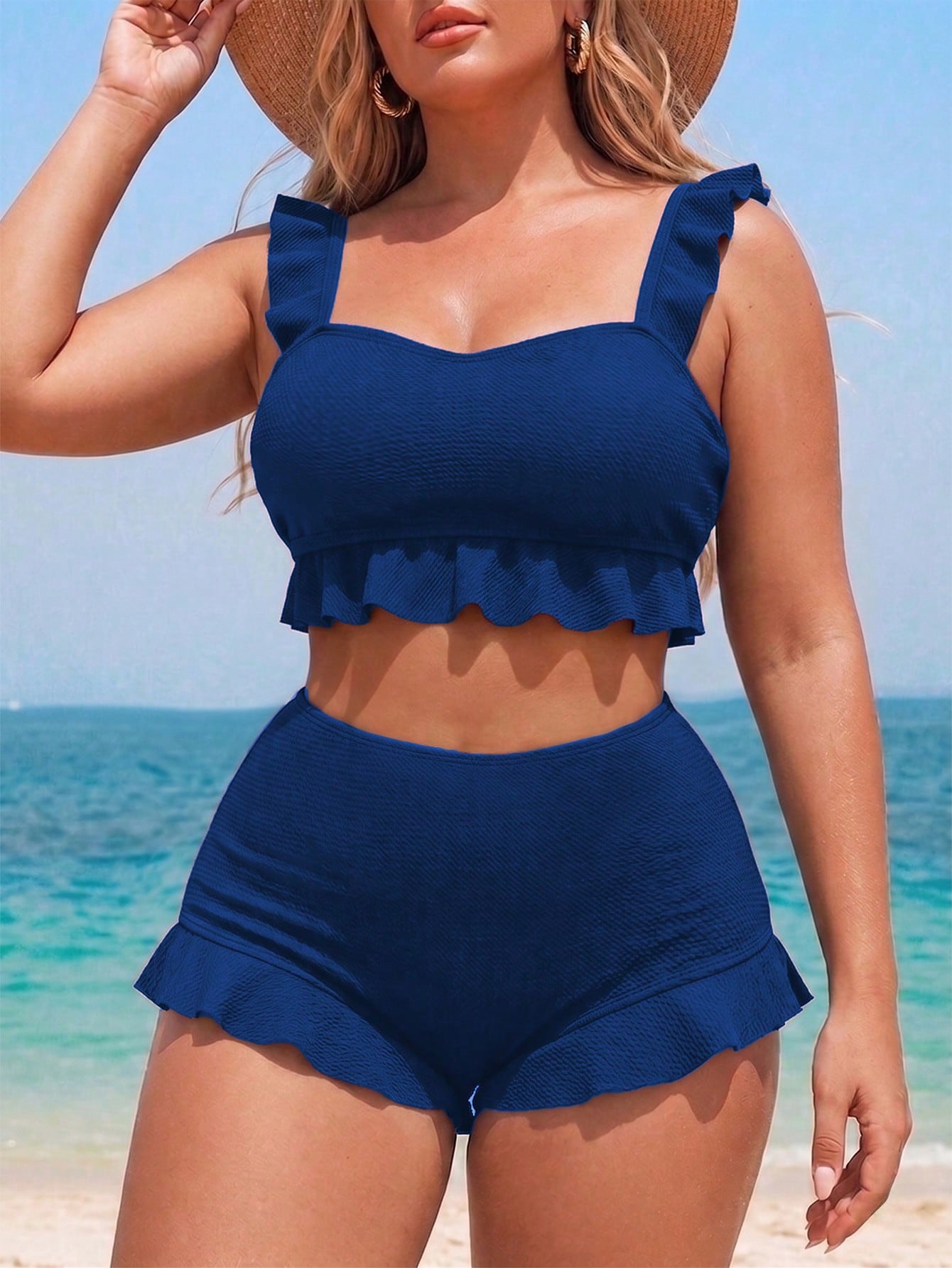 Swim Vcay Plus Size 2-Piece Women's Elegant Navy Blue Textured Tank Bikini Set, Casual Sexy Ruffle Square Neck Top, Ruffle Hem Shorts, Suitable For Summer Beach