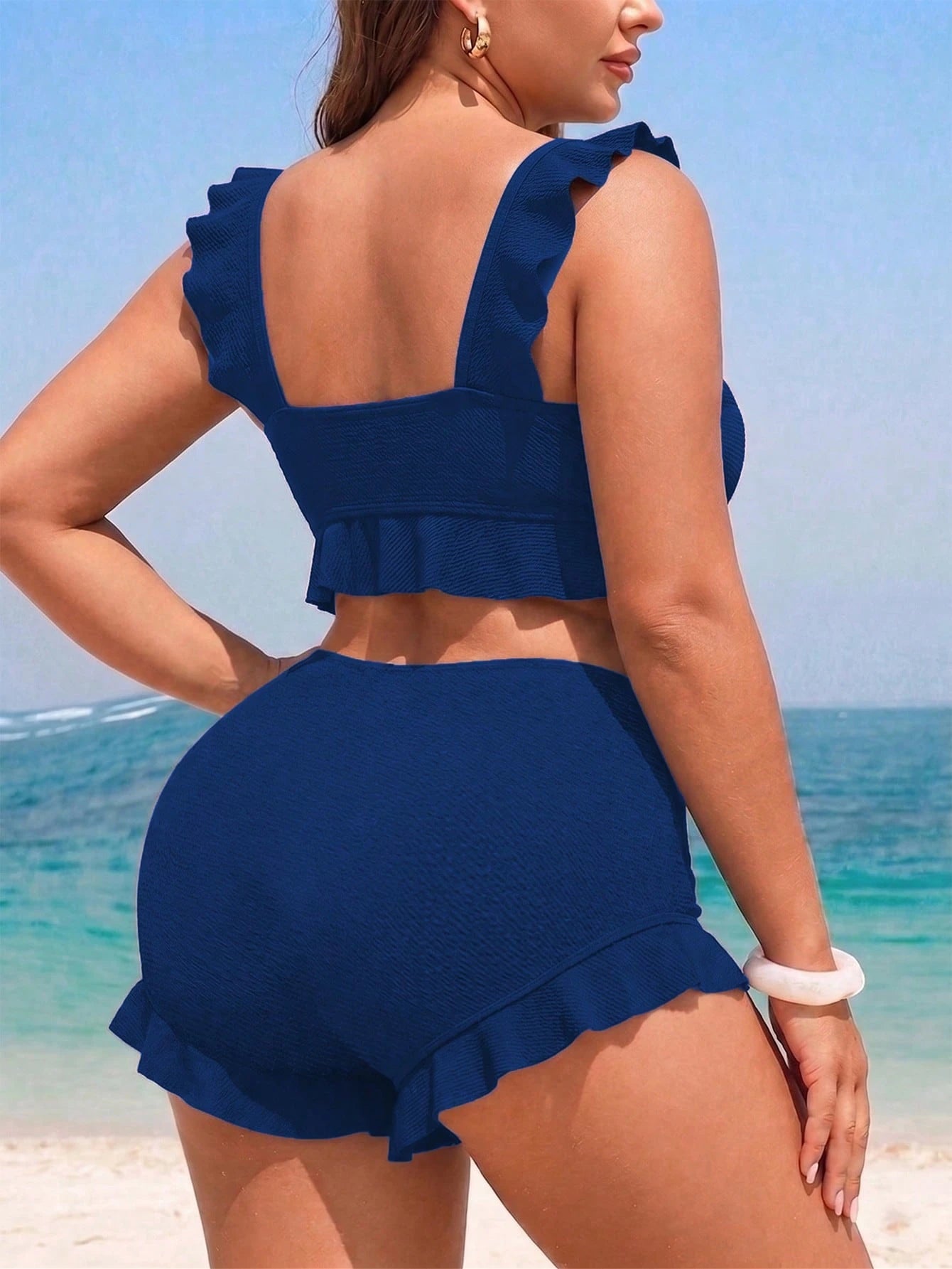 Swim Vcay Plus Size 2-Piece Women's Elegant Navy Blue Textured Tank Bikini Set, Casual Sexy Ruffle Square Neck Top, Ruffle Hem Shorts, Suitable For Summer Beach