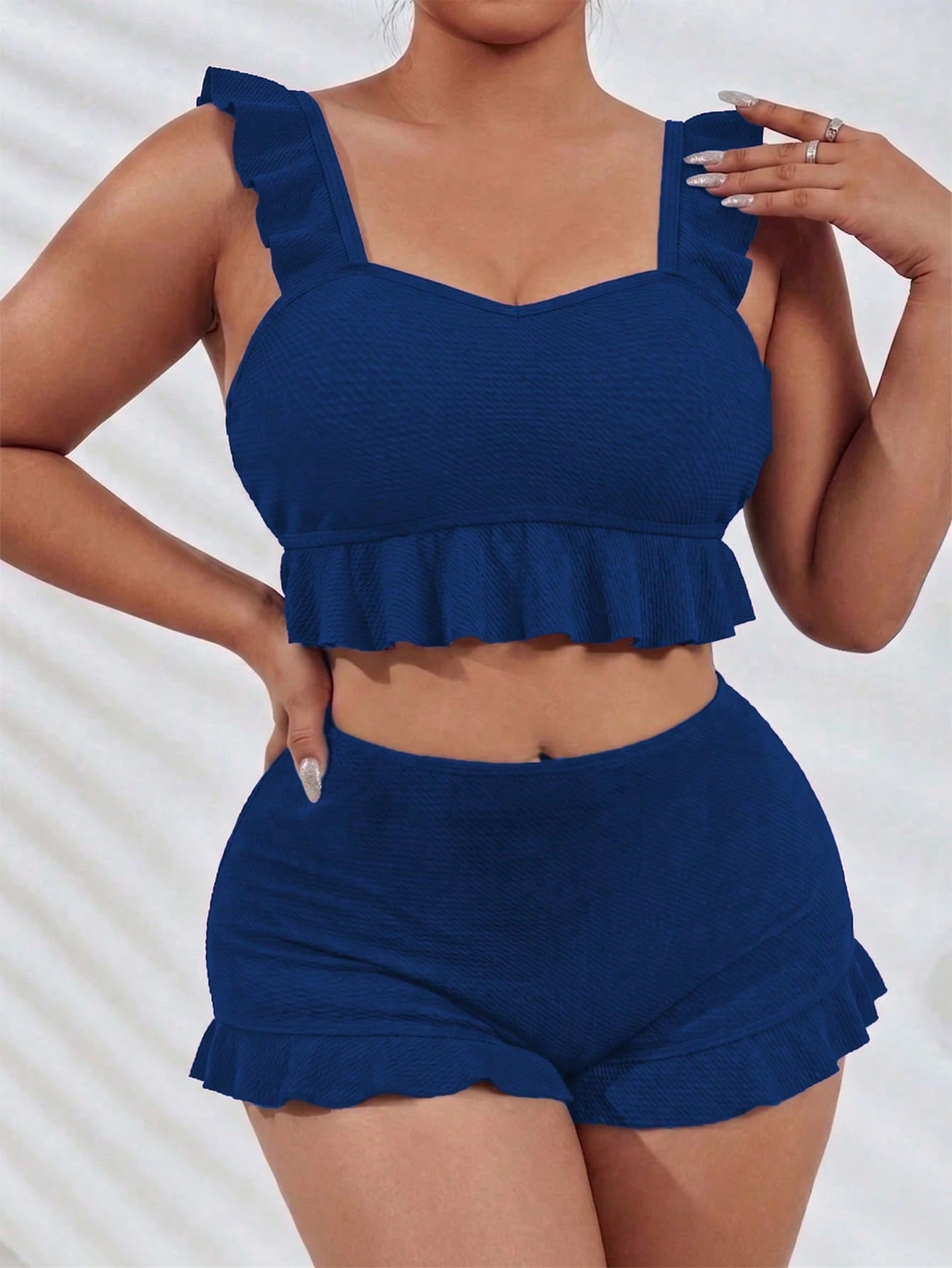 Swim Vcay Plus Size 2-Piece Women's Elegant Navy Blue Textured Tank Bikini Set, Casual Sexy Ruffle Square Neck Top, Ruffle Hem Shorts, Suitable For Summer Beach