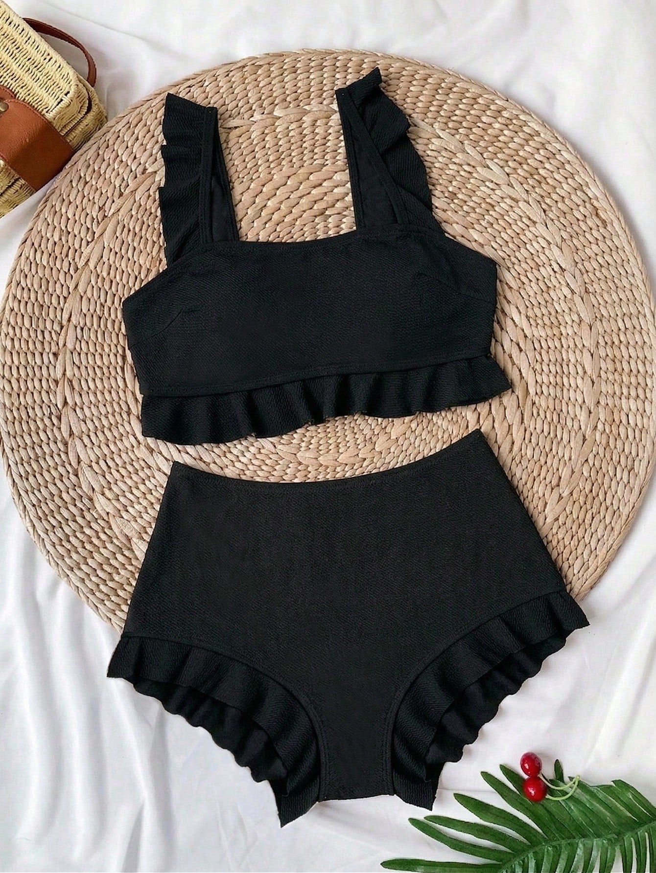 Swim Vcay Plus Size 2-Piece Women's Elegant Navy Blue Textured Tank Bikini Set, Casual Sexy Ruffle Square Neck Top, Ruffle Hem Shorts, Suitable For Summer Beach