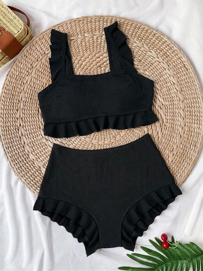 Swim Vcay Plus Size 2-Piece Women's Elegant Navy Blue Textured Tank Bikini Set, Casual Sexy Ruffle Square Neck Top, Ruffle Hem Shorts, Suitable For Summer Beach