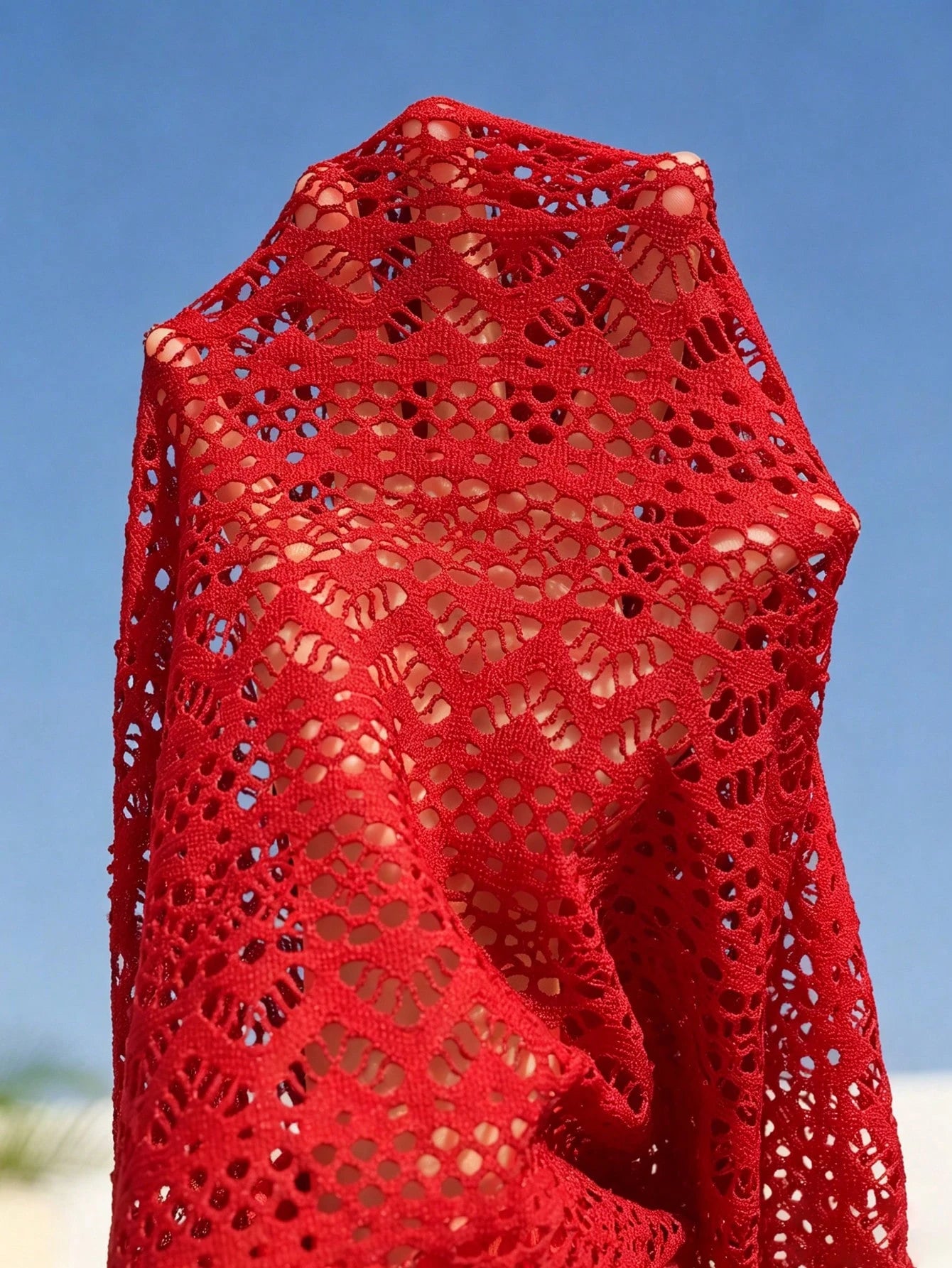 Swim Vcay Plus Size Red V-Neck Swimsuit With Metal Accessories,Knitted Jacquard Cover-Up Skirt,High-Waisted Bikini,Summer Elegant Beach Holiday Swimwear Women