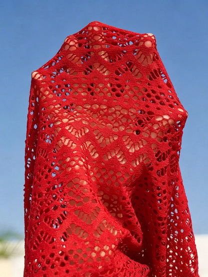 Swim Vcay Plus Size Red V-Neck Swimsuit With Metal Accessories,Knitted Jacquard Cover-Up Skirt,High-Waisted Bikini,Summer Elegant Beach Holiday Swimwear Women