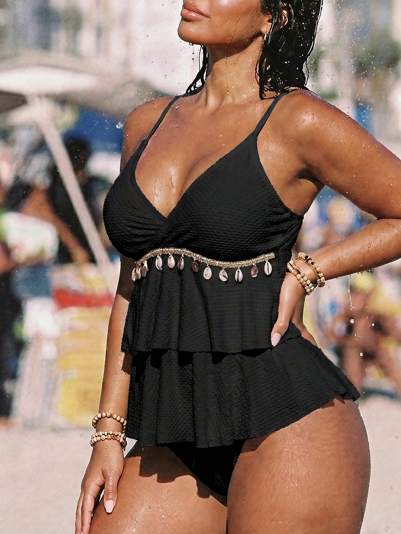 Swim Vcay Plus Size Summer Beach Shell Decor Ruffle Trim Tankini Set