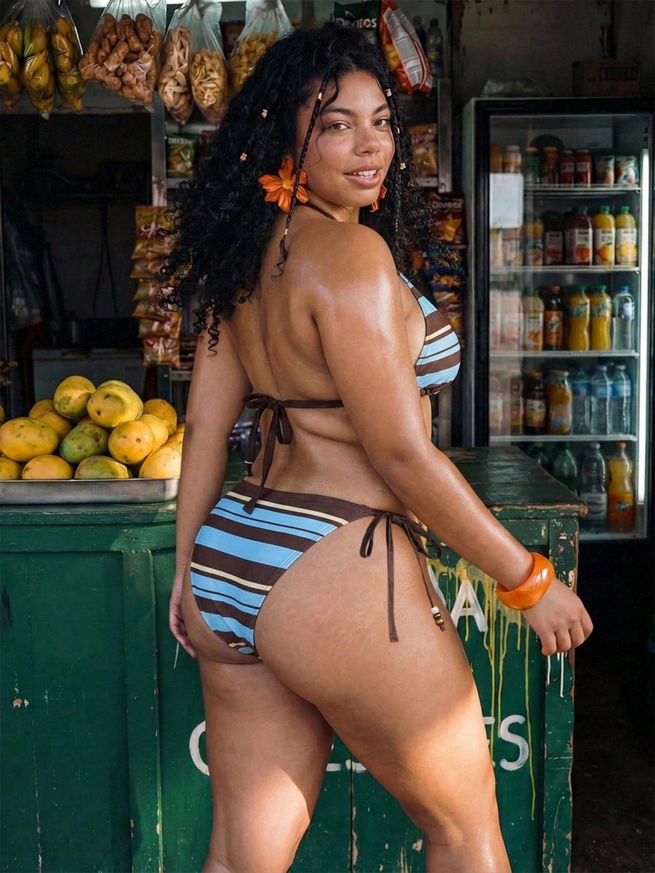 Swim Vcay Plus Size Summer Beach Vacation Striped Halter Neck Bikini Set
