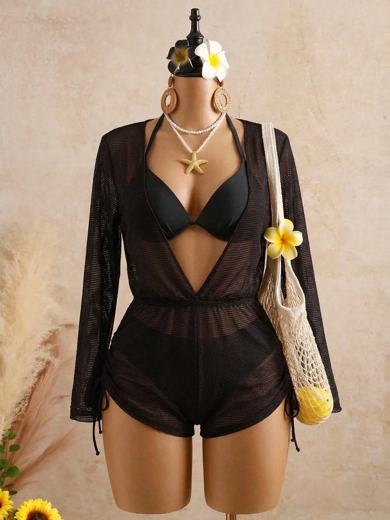 Swim Vcay Plus Size Textured Fabric Beach Cover-Up, Hollow Out Drawstring Side Jumpsuit