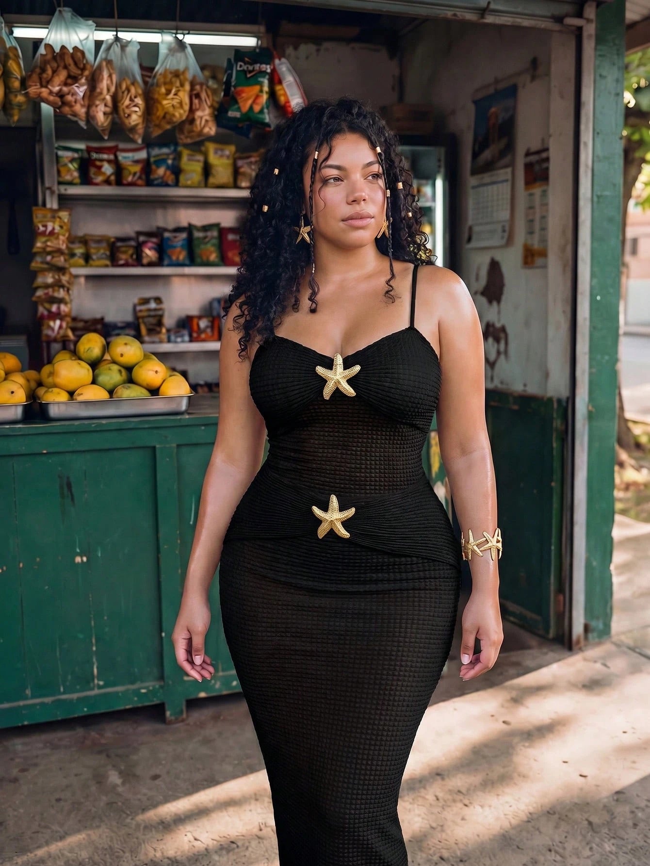Swim Vcay Plus Size Textured Sheer Vacation Metallic Starfish Decor Camisole Cover-Up Dress