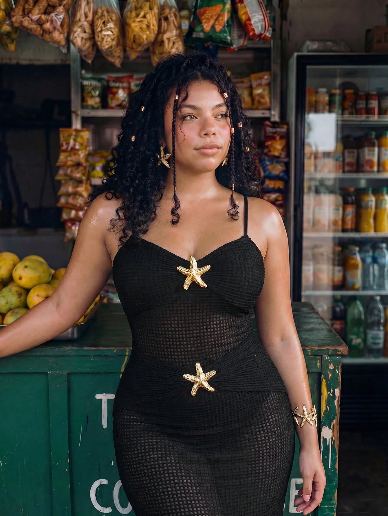 Swim Vcay Plus Size Textured Sheer Vacation Metallic Starfish Decor Camisole Cover-Up Dress
