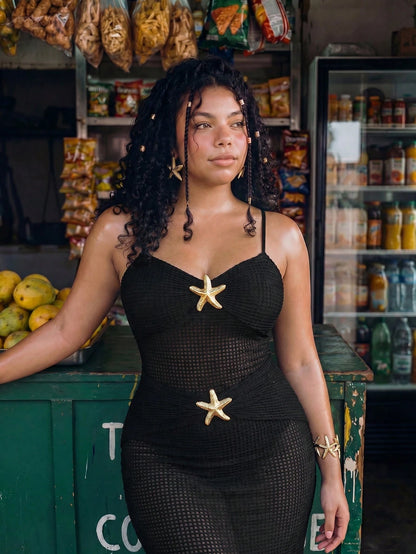 Swim Vcay Plus Size Textured Sheer Vacation Metallic Starfish Decor Camisole Cover-Up Dress
