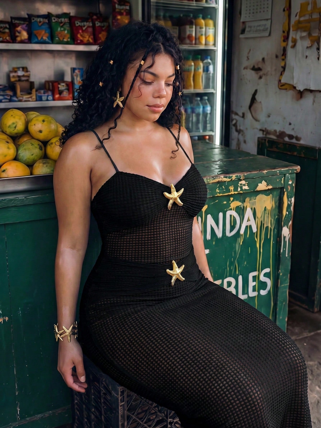 Swim Vcay Plus Size Textured Sheer Vacation Metallic Starfish Decor Camisole Cover-Up Dress