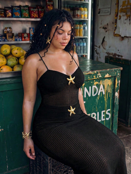 Swim Vcay Plus Size Textured Sheer Vacation Metallic Starfish Decor Camisole Cover-Up Dress