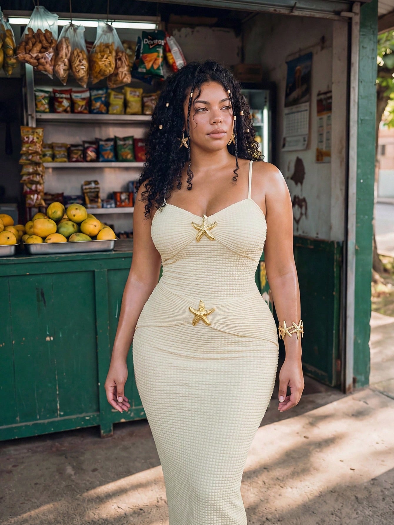 Swim Vcay Plus Size Textured Sheer Vacation Metallic Starfish Decor Camisole Cover-Up Dress