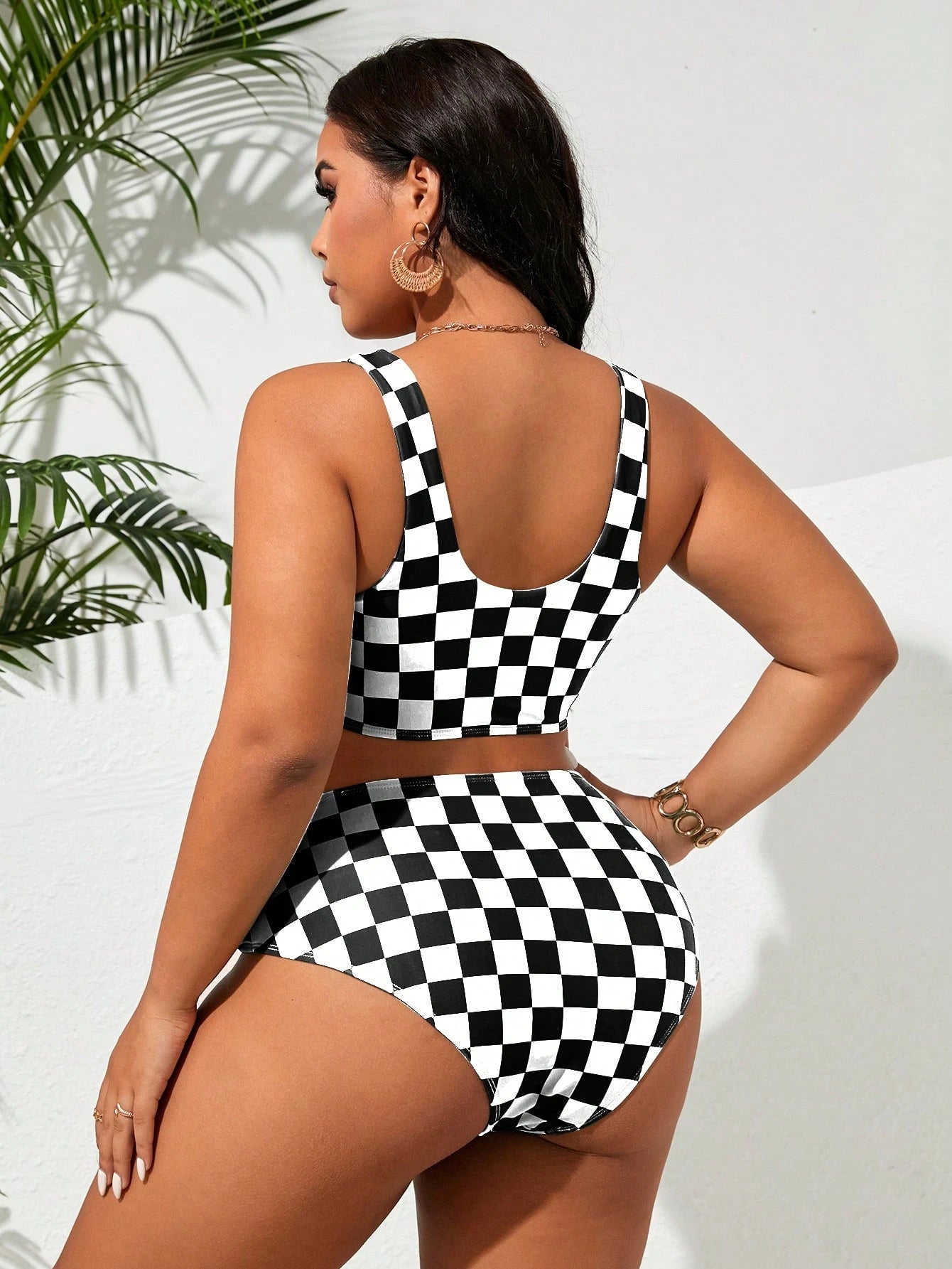 Swim Vcay Plus Size Women's Black & White Plaid Tankini Swimwear Set For Summer Beach Vacation