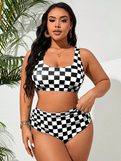 Swim Vcay Plus Size Women's Black & White Plaid Tankini Swimwear Set For Summer Beach Vacation