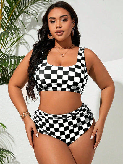 Swim Vcay Plus Size Women's Black & White Plaid Tankini Swimwear Set For Summer Beach Vacation