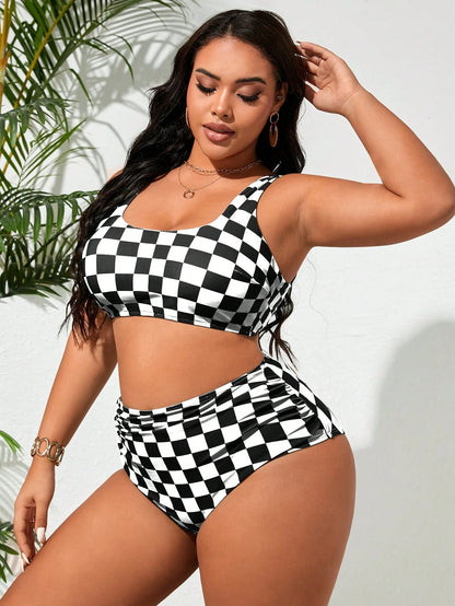Swim Vcay Plus Size Women's Black & White Plaid Tankini Swimwear Set For Summer Beach Vacation