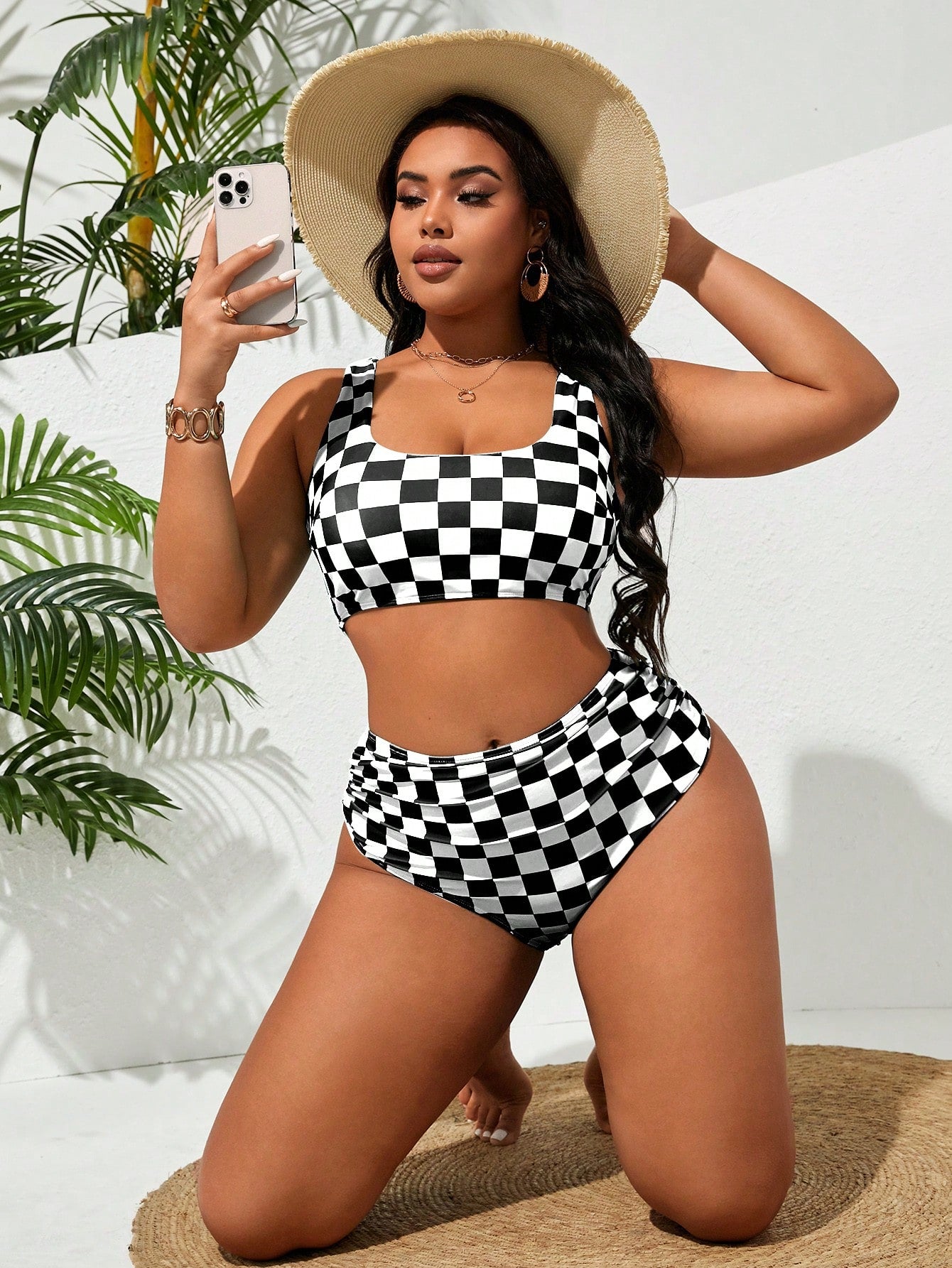 Swim Vcay Plus Size Women's Black & White Plaid Tankini Swimwear Set For Summer Beach Vacation