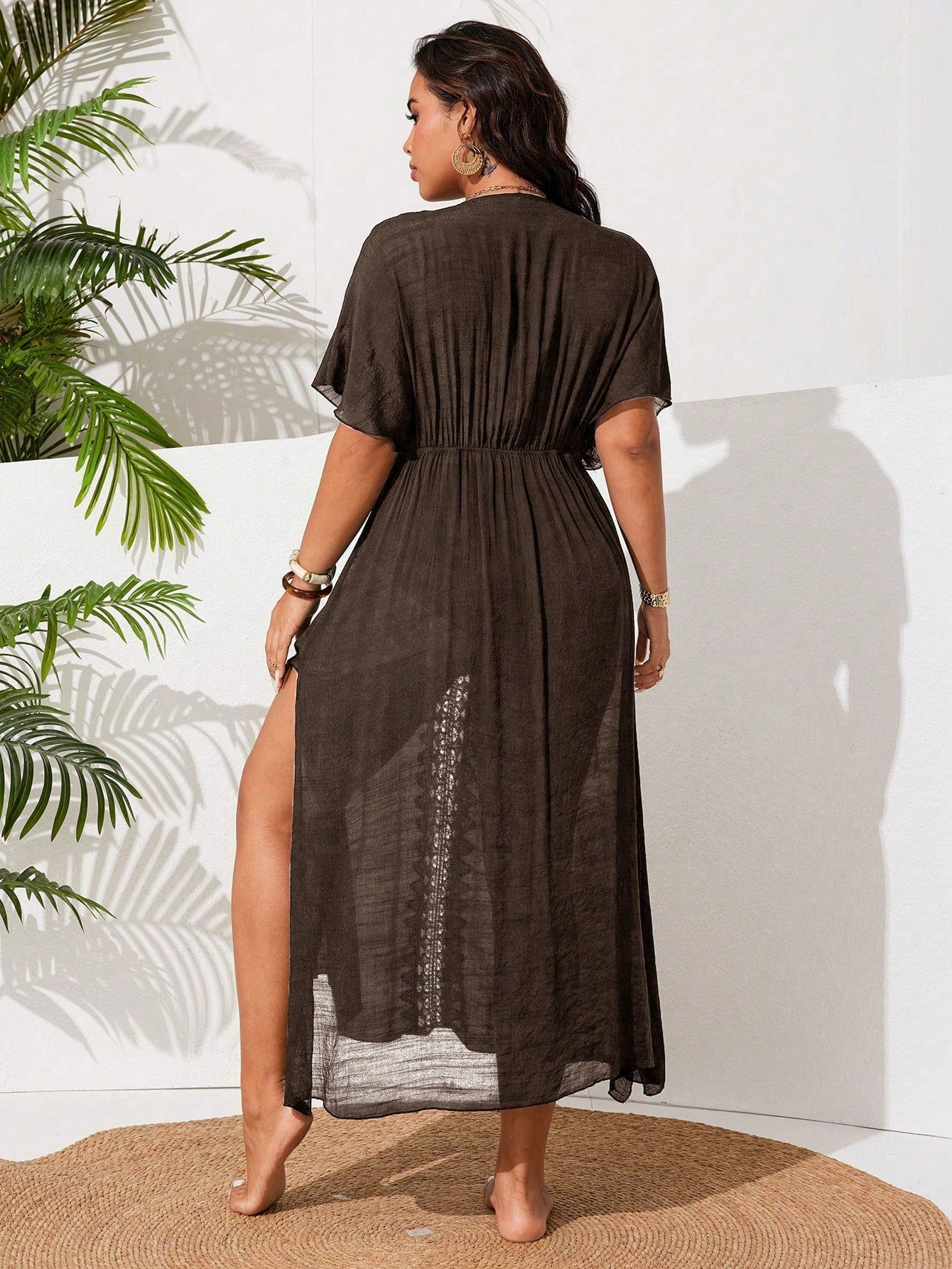 Swim Vcay Plus Size Women's Casual Vacation Beach Dress With Side Slit And Lace Patchwork