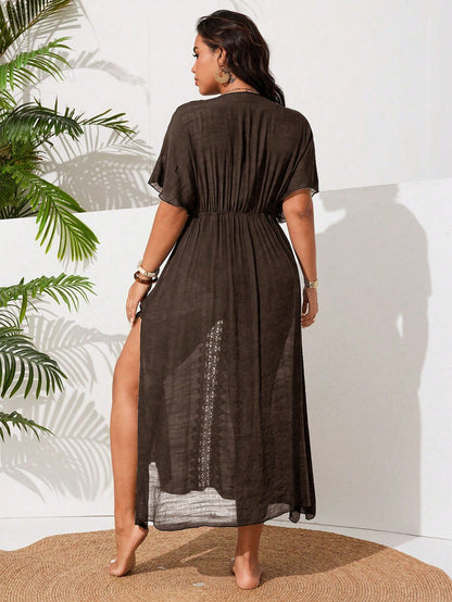 Swim Vcay Plus Size Women's Casual Vacation Beach Dress With Side Slit And Lace Patchwork