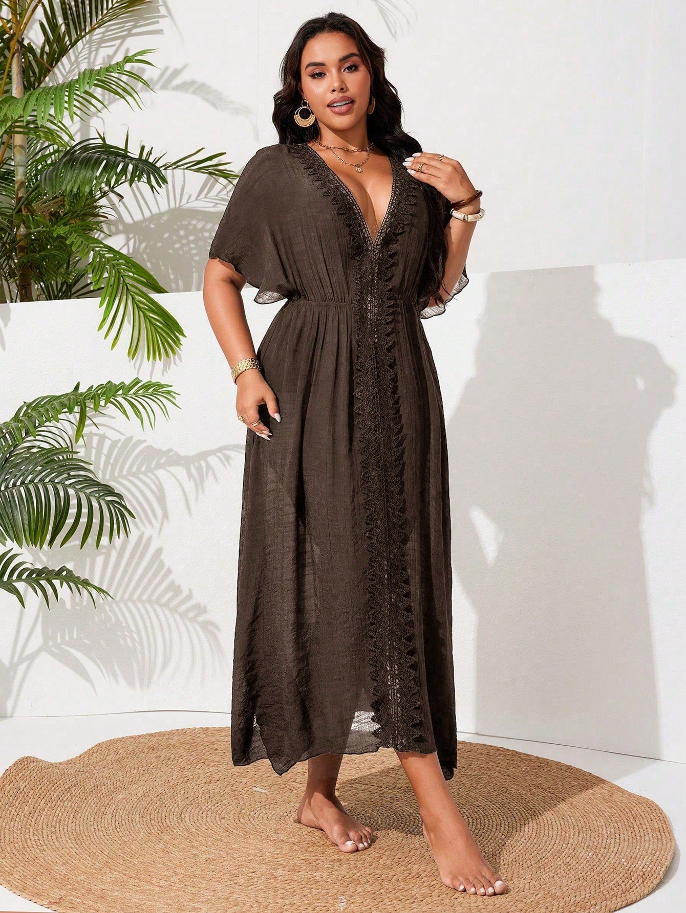 Swim Vcay Plus Size Women's Casual Vacation Beach Dress With Side Slit And Lace Patchwork
