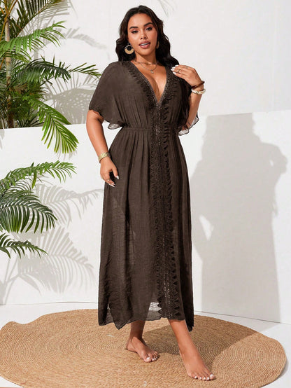 Swim Vcay Plus Size Women's Casual Vacation Beach Dress With Side Slit And Lace Patchwork
