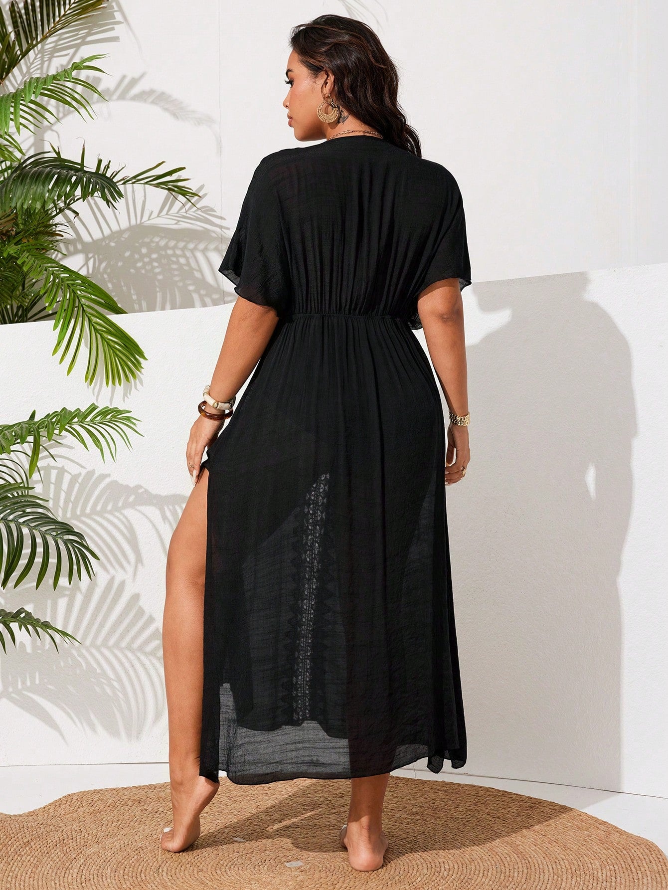 Swim Vcay Plus Size Women's Casual Vacation Beach Dress With Side Slit And Lace Patchwork