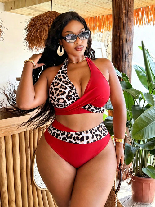 Swim Vcay Plus Size Women's Sexy Beach Vacation Leopard Print Cross Wrap Backless Tie Knot Halter Bikini Set Set