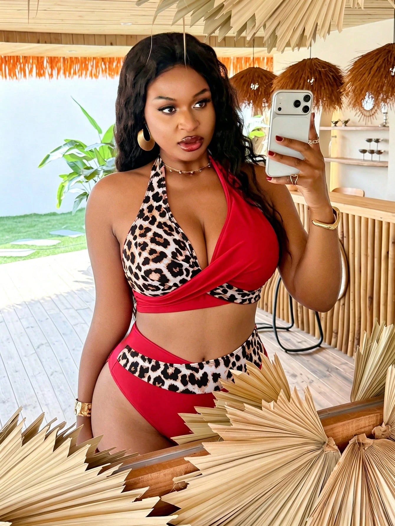 Swim Vcay Plus Size Women's Sexy Beach Vacation Leopard Print Cross Wrap Backless Tie Knot Halter Bikini Set Set