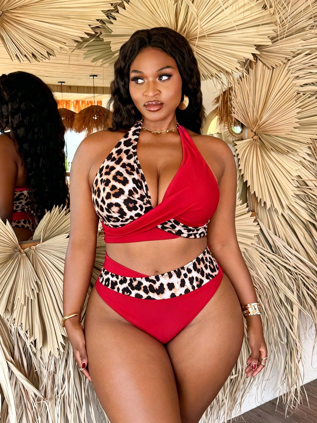 Swim Vcay Plus Size Women's Sexy Beach Vacation Leopard Print Cross Wrap Backless Tie Knot Halter Bikini Set Set