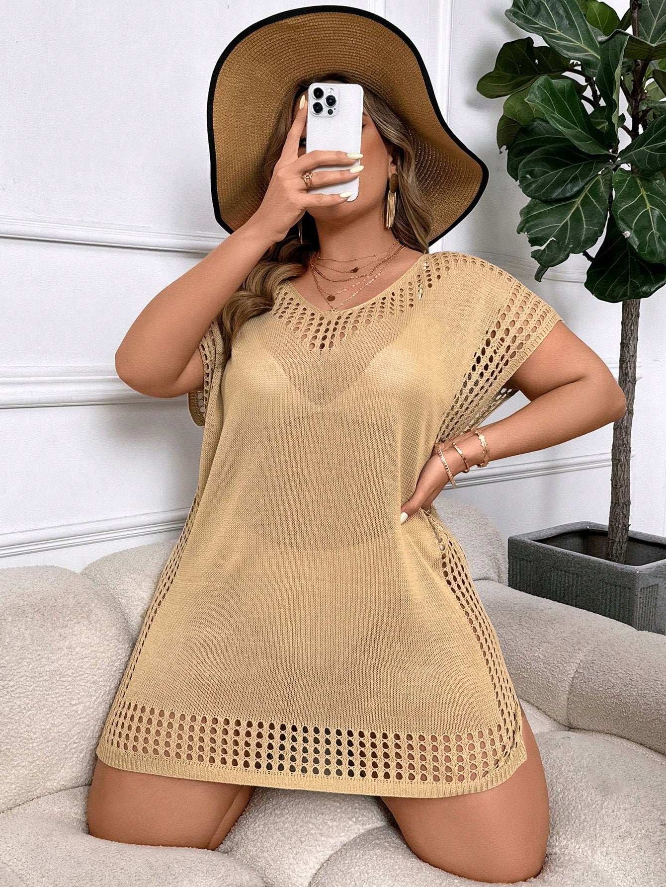 Swim Vcay Plus Size Women's Solid Color Simple Daily Short Sleeve Cover Up Summer