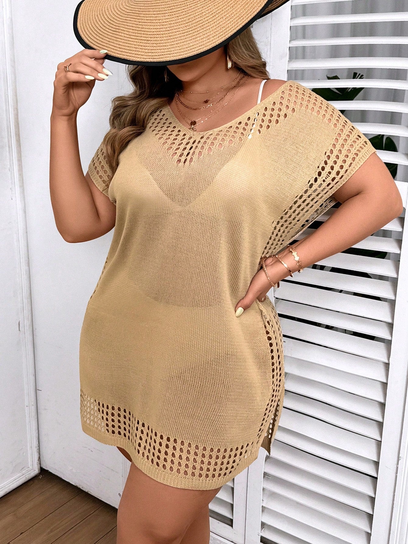 Swim Vcay Plus Size Women's Solid Color Simple Daily Short Sleeve Cover Up Summer
