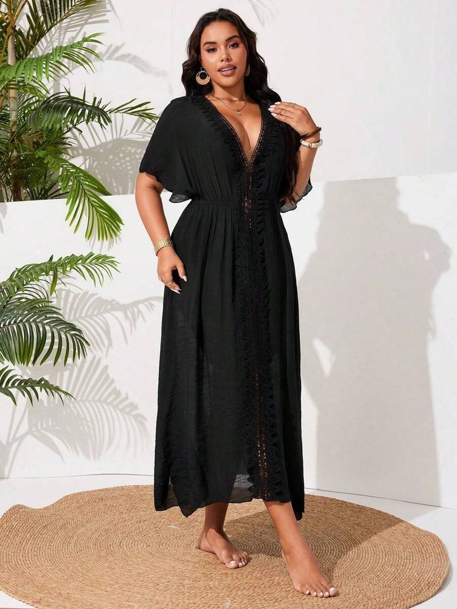 Swim Vcay Plus Size Women Single Design Side Split Lace Patchwork Sexy Casual Holiday Beach Dress For Summer Beach Vacation
