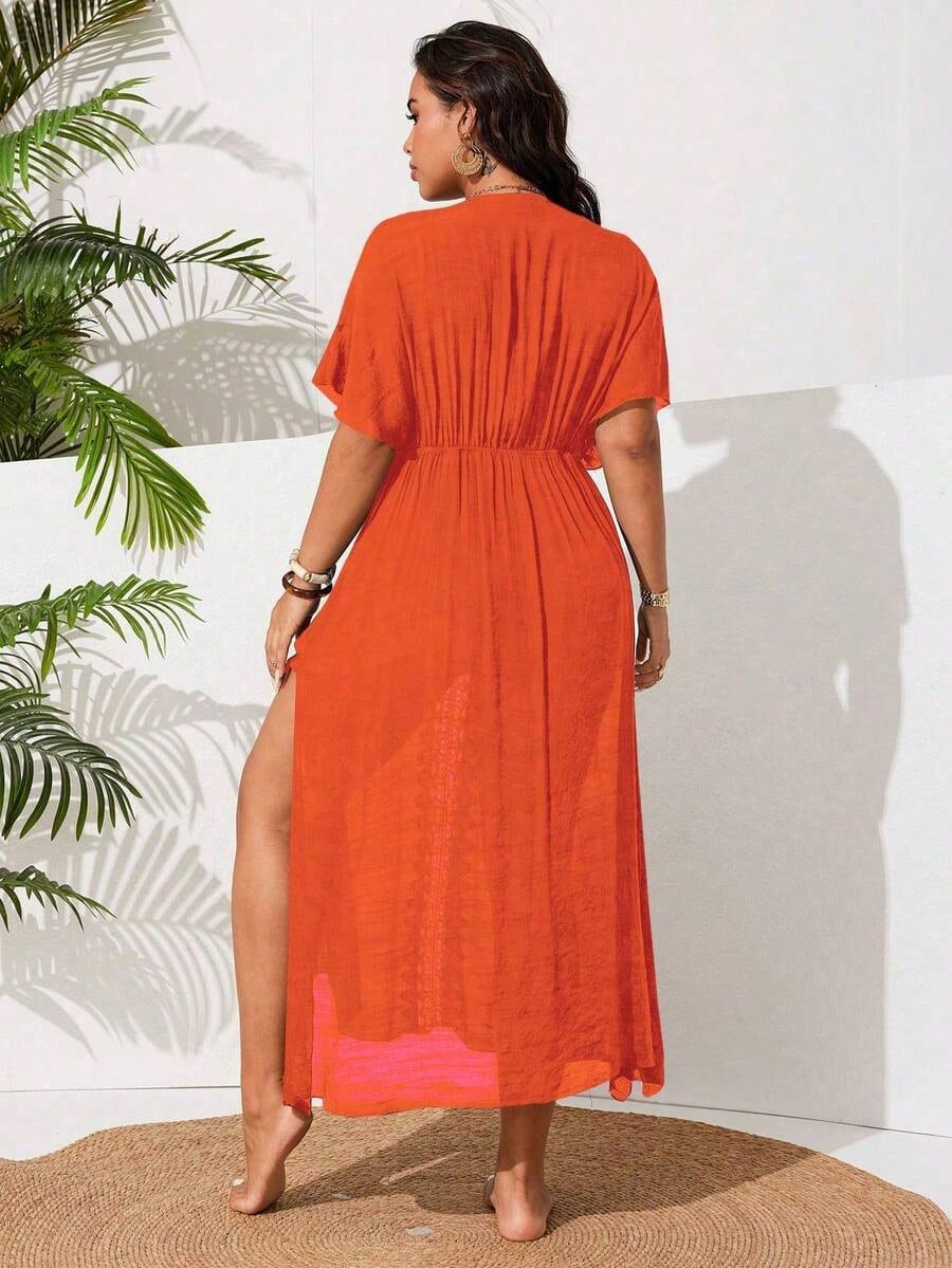 Swim Vcay Plus Size Women Single Design Side Split Lace Patchwork Sexy Casual Holiday Beach Dress For Summer Beach Vacation